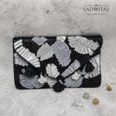 Leaf Embroidered Bead Bag in Black & Silver